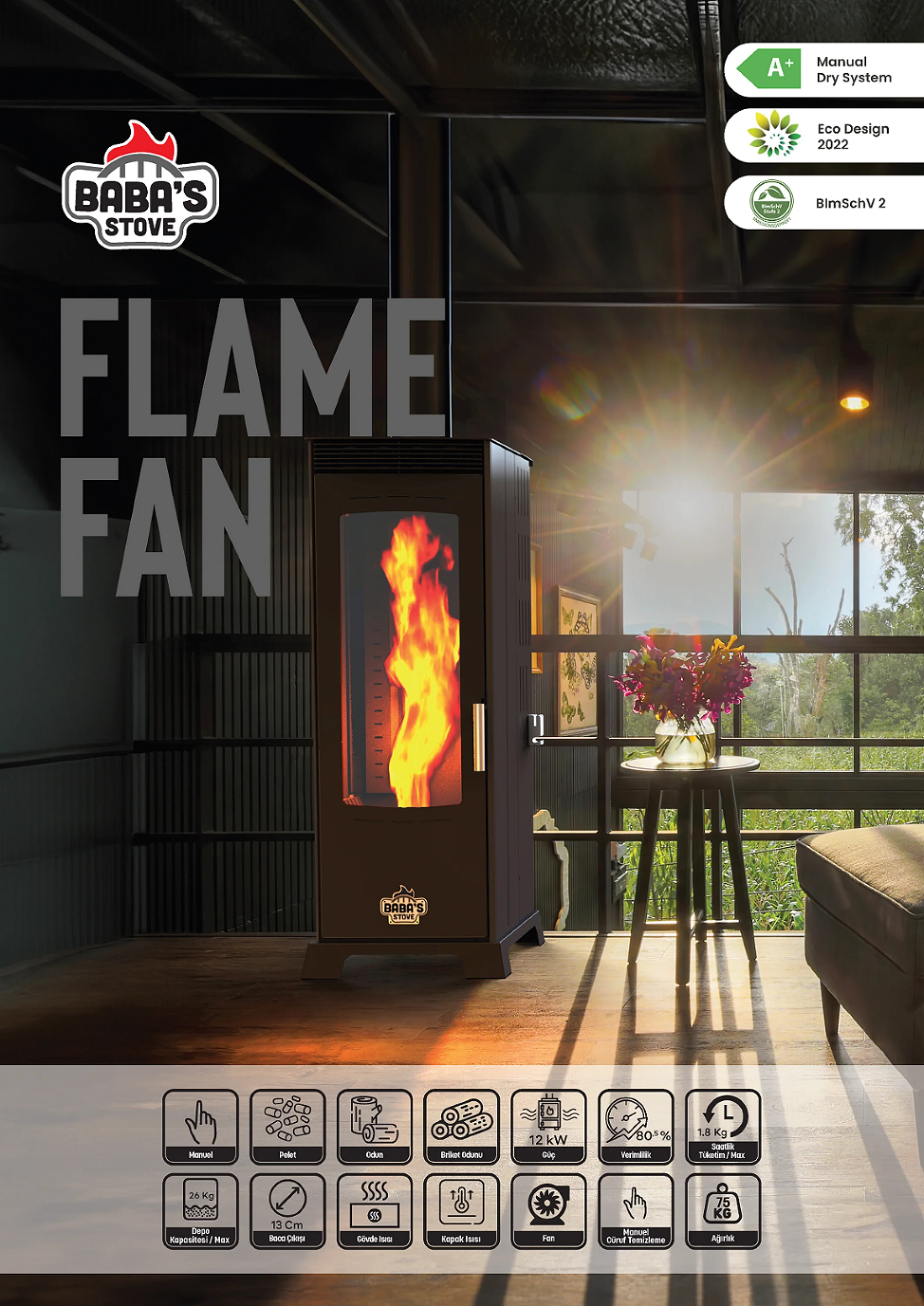 FLAME FAN 12 KW / MANUEL PELET VE ODUN SOBASI / BABA'S STOVE