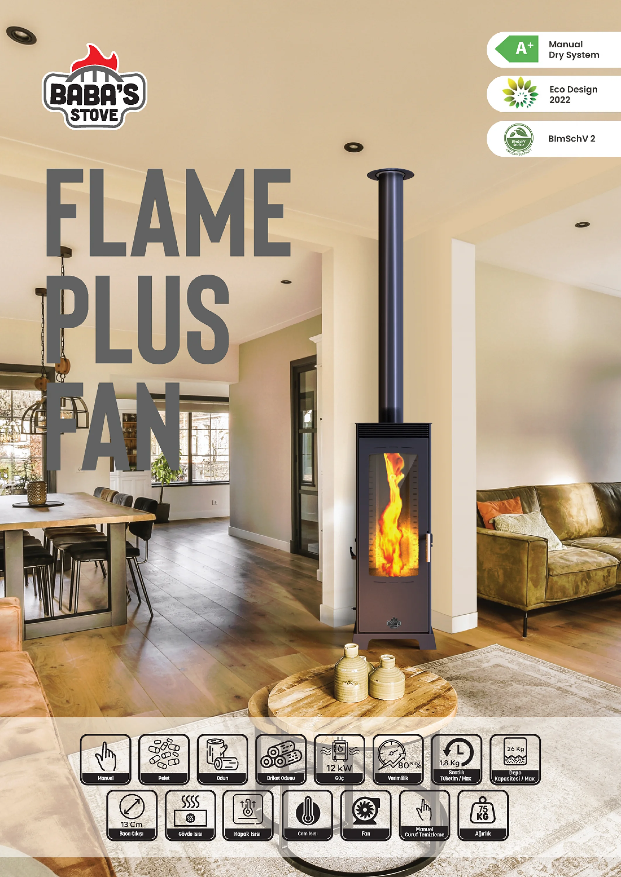 FLAME PLUS FAN 12 KW / MANUAL PELLET AND WOOD STOVE / BABA'S STOVE
