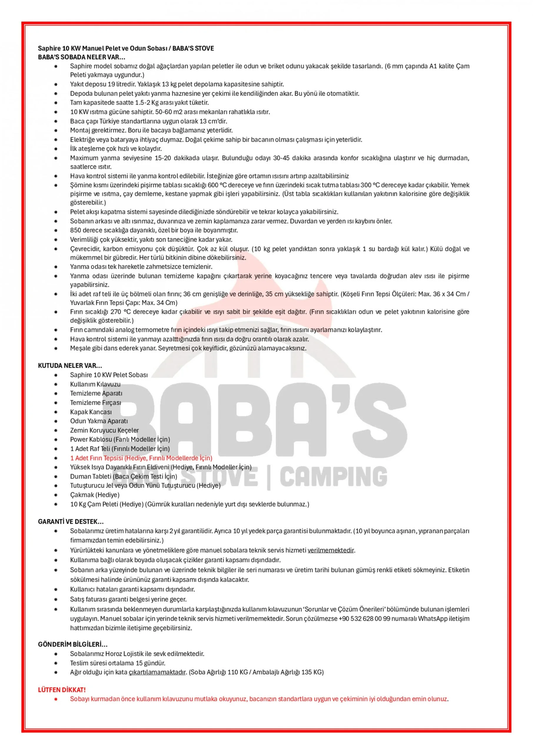 SAPHIRE 10 KW COOKER / MANUAL PELLET AND WOOD STOVE / BABA'S STOVE